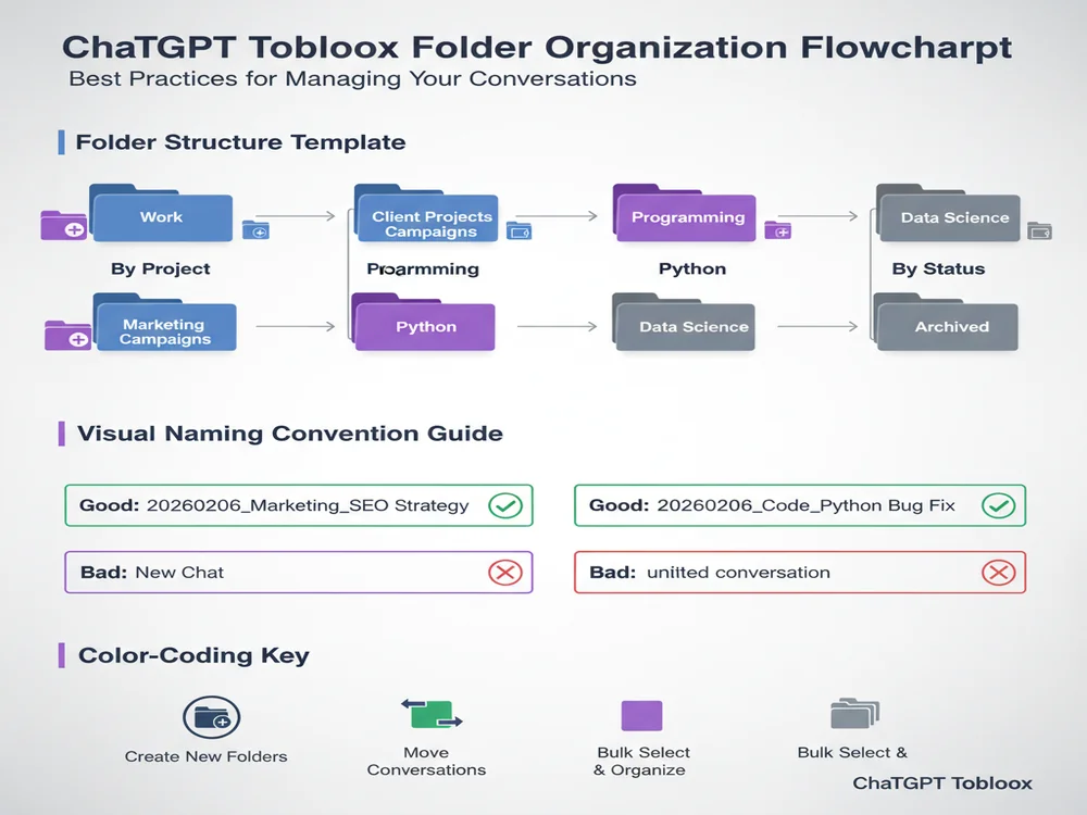 Detailed ChatGPT Toolbox folder organization flowchart showing folder structure templates by project, topic, and status with naming convention examples and color-coding system