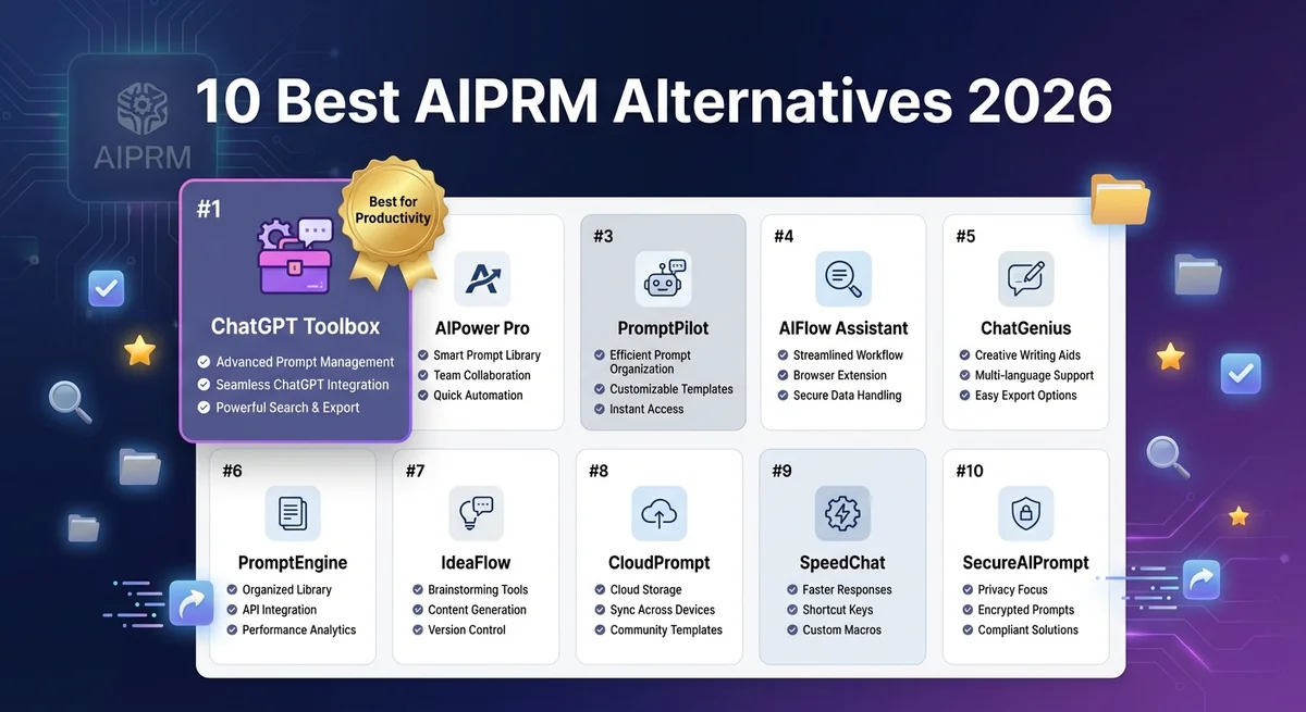 Clean, modern comparison interface showing 10 AIPRM alternatives with ChatGPT Toolbox featured prominently in first position