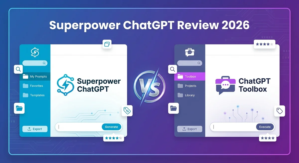 Professional comparison interface showing Superpower ChatGPT vs ChatGPT Toolbox with feature comparison table, pricing details, and honest pros/cons review