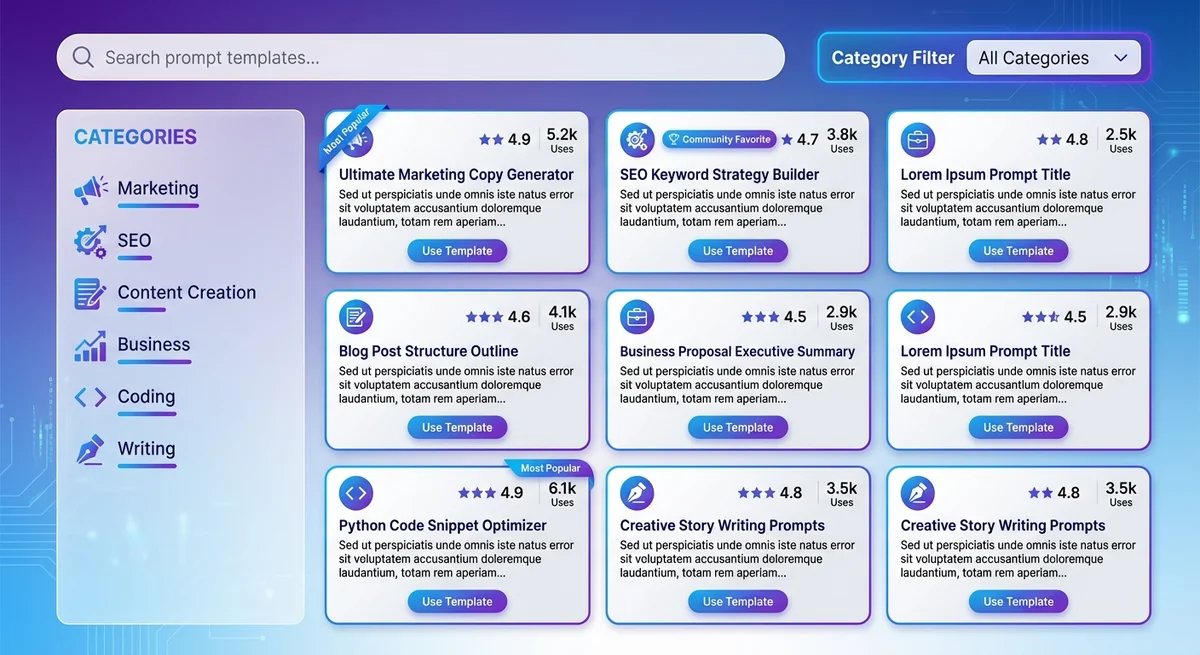 AIPRM prompt library interface showing categorized prompt templates for marketing, content creation, and business