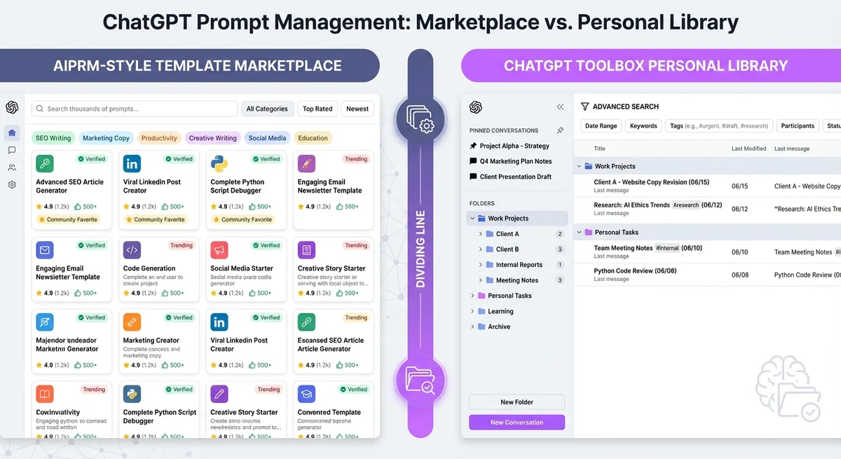 Side-by-side comparison of AIPRM's template library interface and ChatGPT Toolbox's conversation organization dashboard