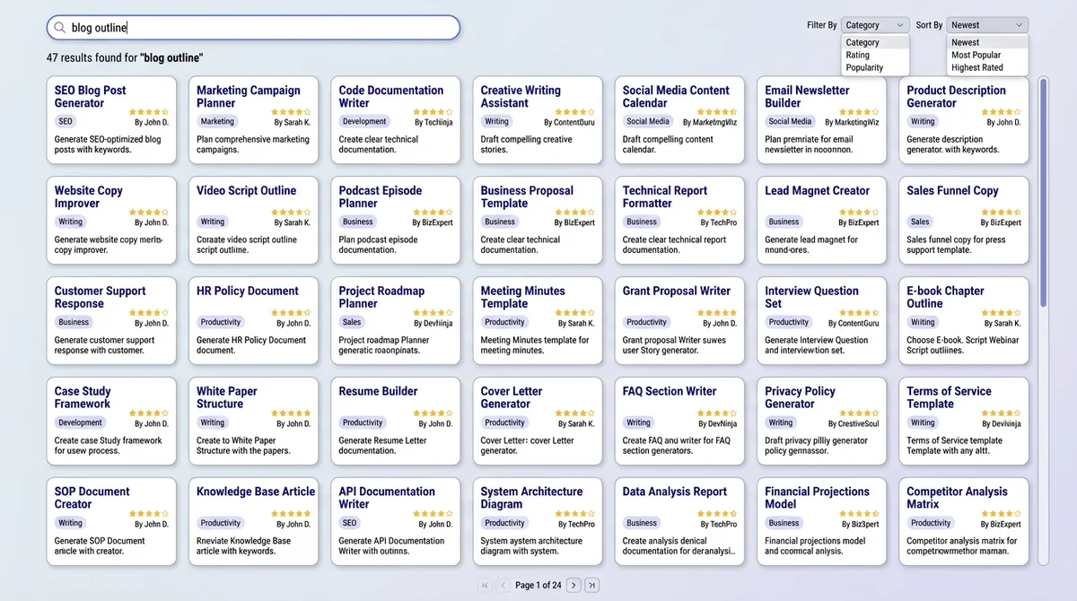 Screenshot of AIPRM's crowded template library interface showing hundreds of prompt options organized in categories