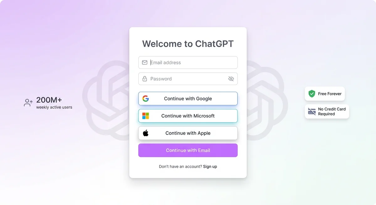 Clean modern ChatGPT login screen showing sign-in options with email, Google, Microsoft, and Apple SSO buttons highlighted