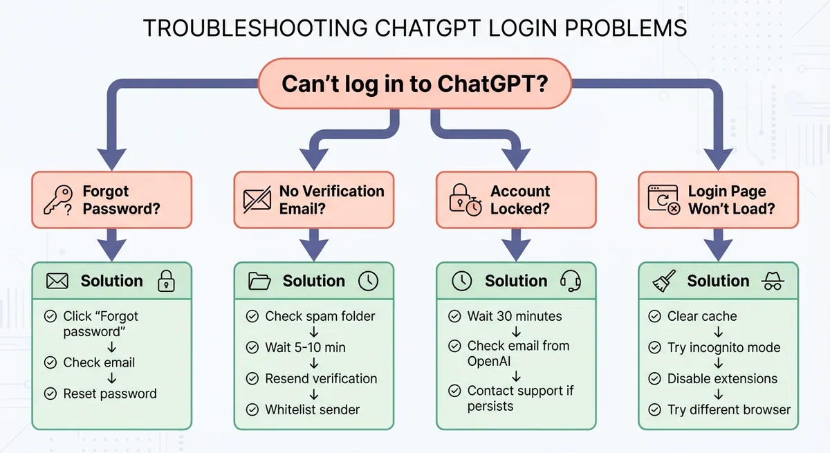 Troubleshooting flowchart showing solutions for common ChatGPT login problems including password reset, email verification, and browser cache clearing