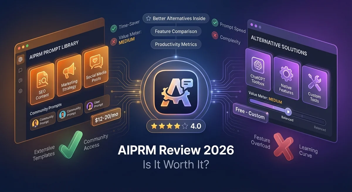Professional AIPRM review interface showing feature comparison, pricing breakdown, pros and cons, and better alternatives for ChatGPT productivity