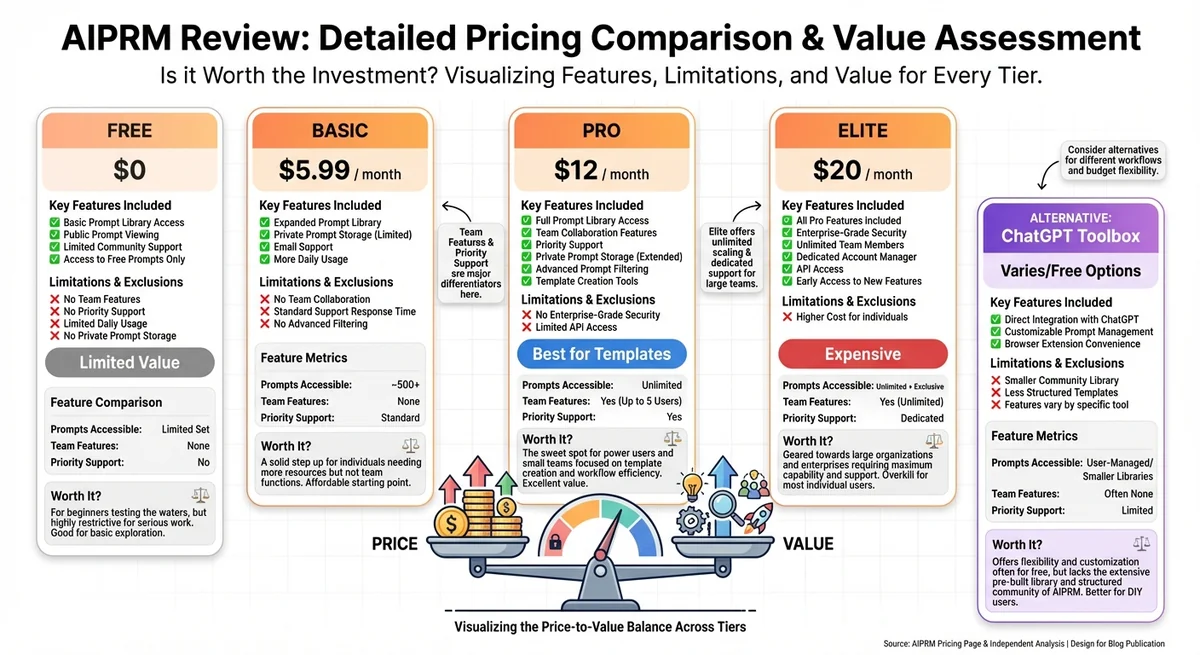 AIPRM pricing tiers comparison showing Free, Basic, Pro, and Elite plans with feature breakdowns and value assessment