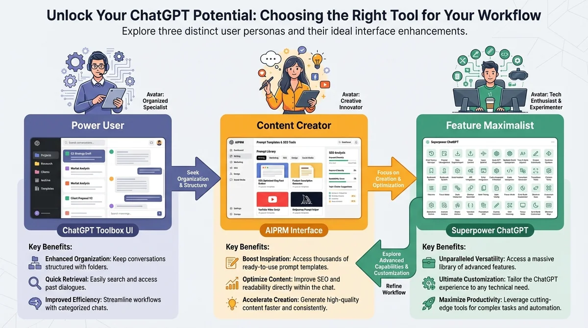 Infographic showing three user personas: Power User with ChatGPT Toolbox, Content Creator with AIPRM, and Feature Maximalist with Superpower ChatGPT, with decision flow arrows