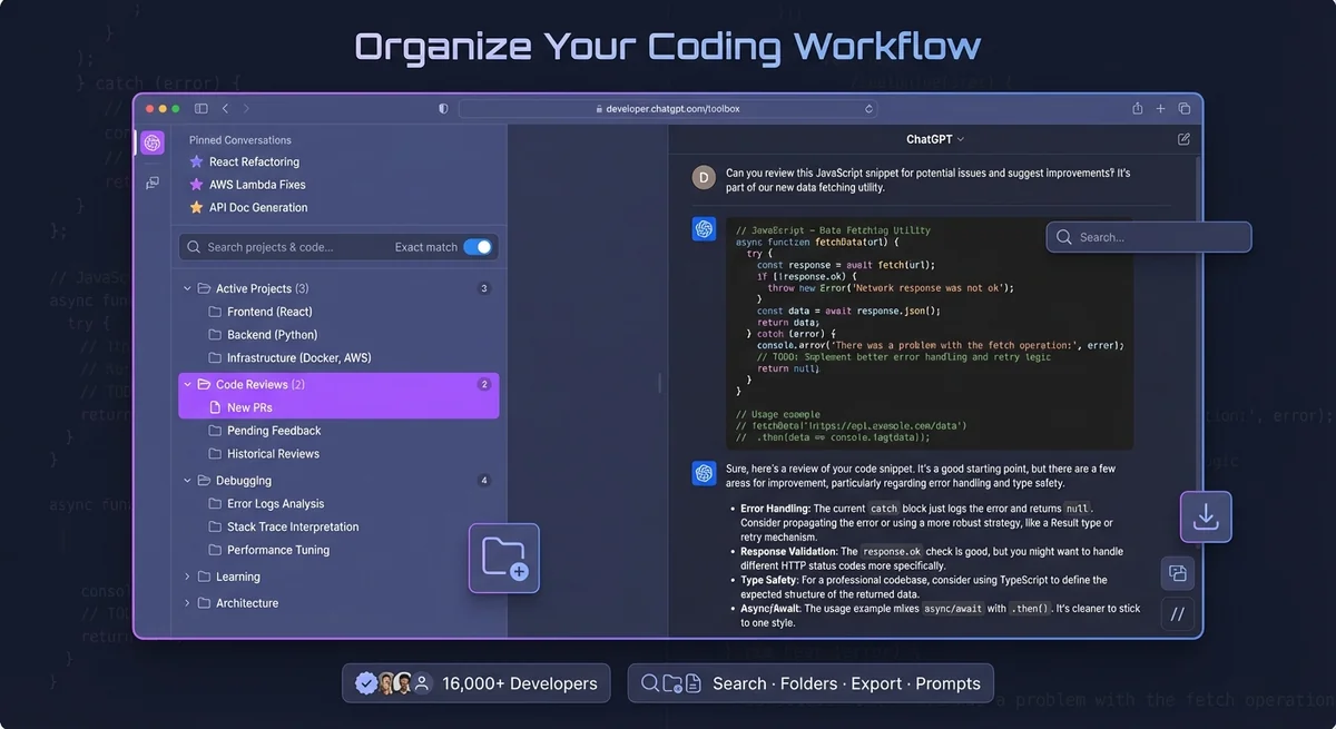 ChatGPT Toolbox interface showing organized coding projects in folders with search and export features for developers