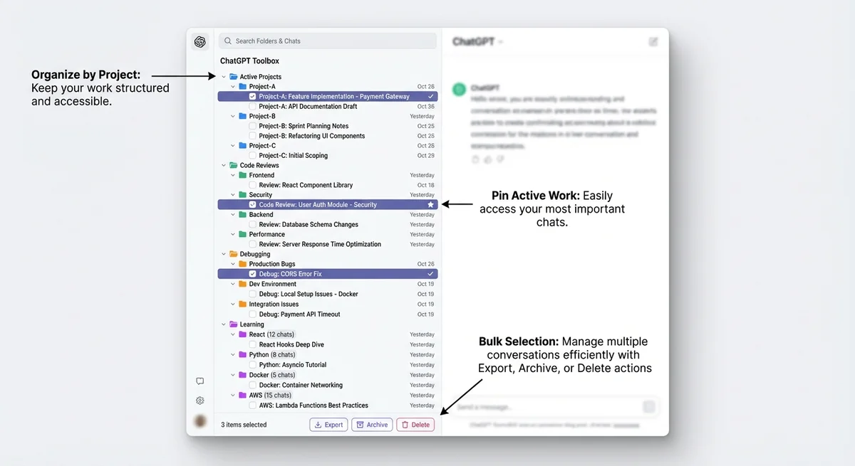 Developer folder structure in ChatGPT Toolbox showing organized projects, code reviews, and debugging sessions