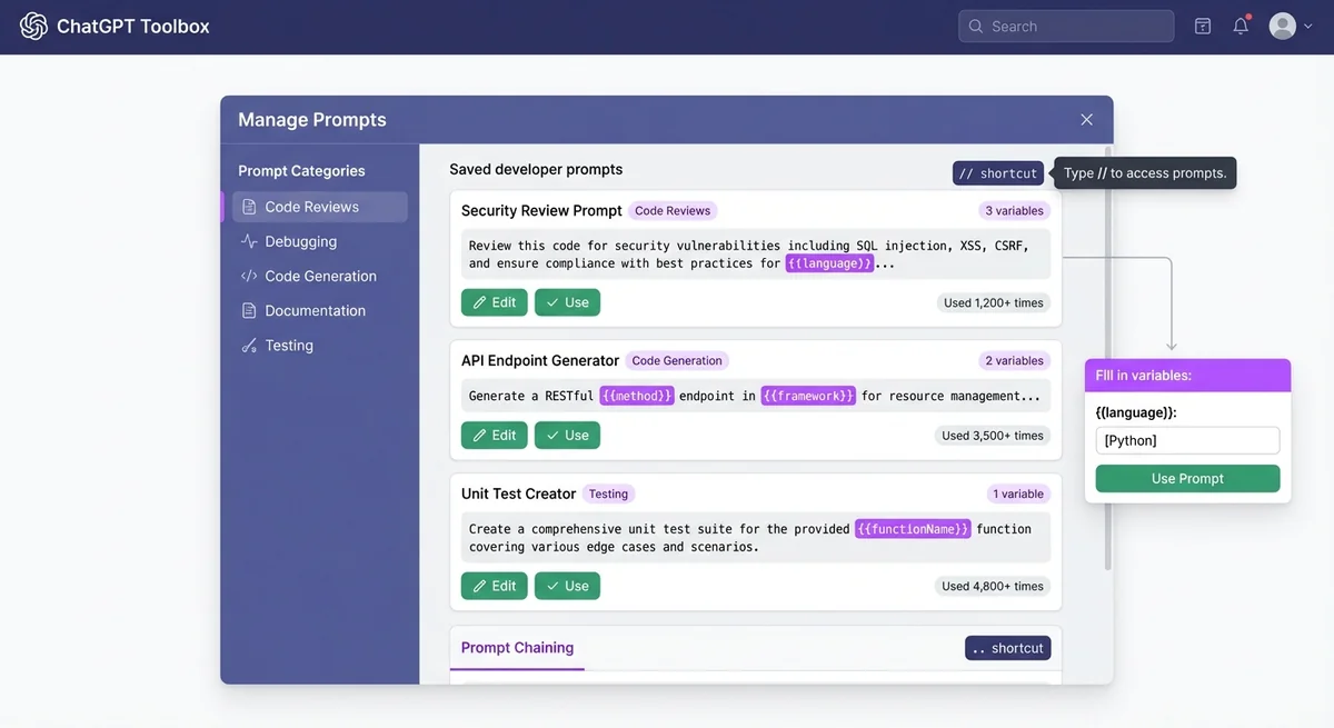ChatGPT Toolbox prompt library showing saved developer prompts with variables for code review and debugging
