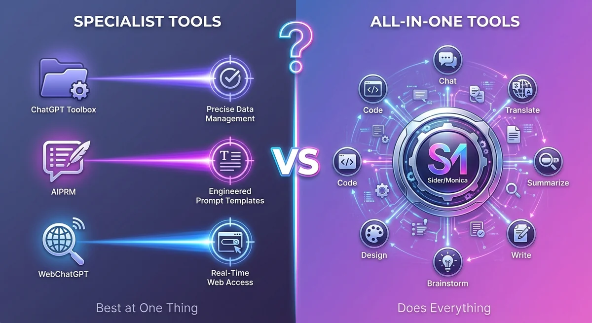 Split screen comparison showing specialist ChatGPT extensions on left with focused icons for organization, search, and export versus all-in-one extensions on right with multiple integrated features in a clean modern interface