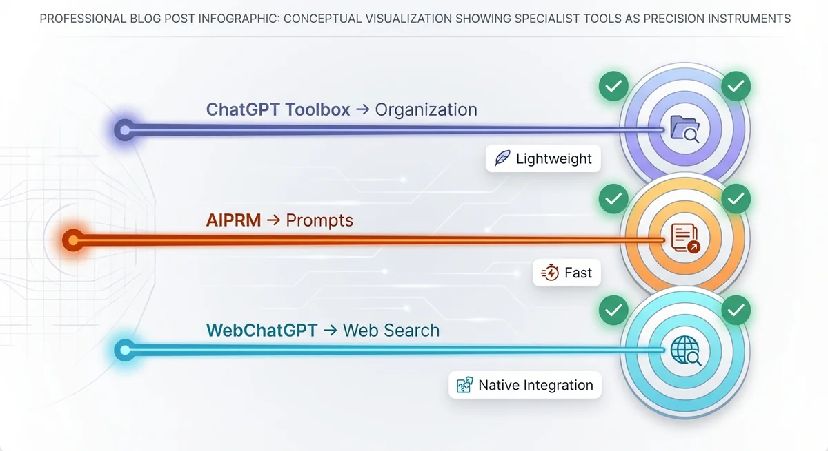 Visual diagram showing specialist tools as focused arrows hitting precise targets versus all-in-one tools as swiss army knife with multiple tools extending outward