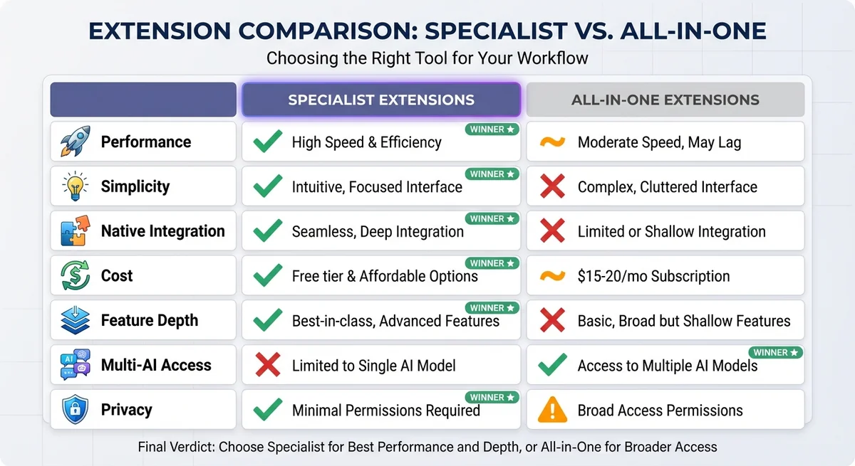 Comparison table showing specialist extensions with checkmarks for performance, simplicity, and native integration versus all-in-one extensions with checkmarks for convenience and multi-AI access