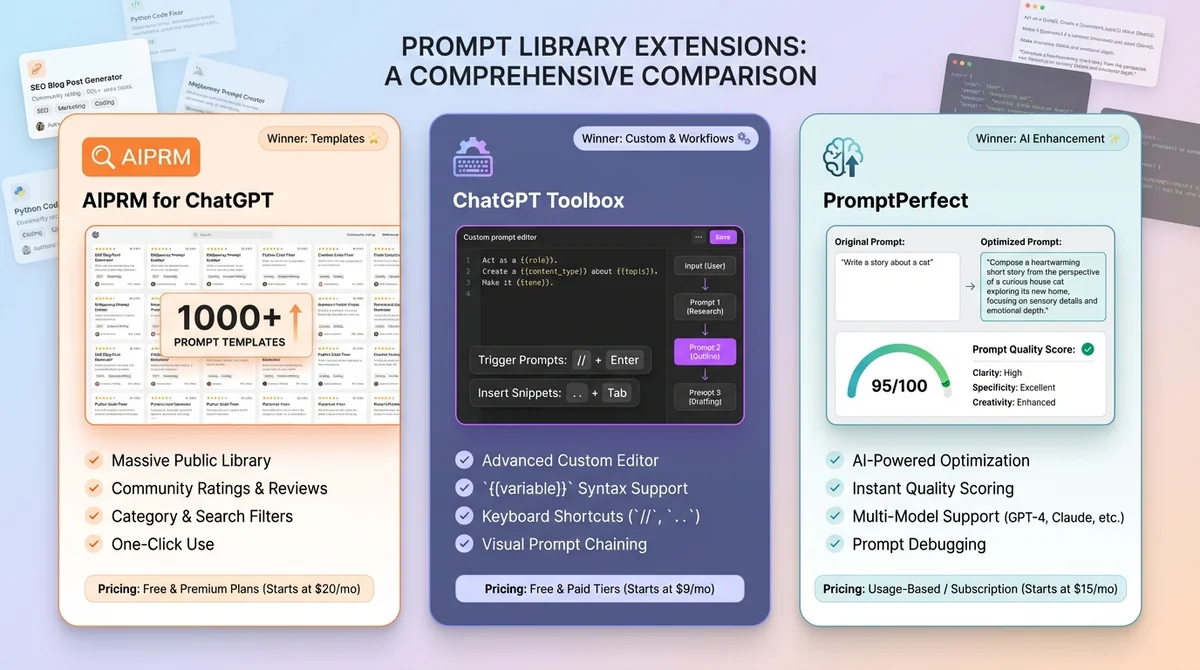 Comparison interface showing AIPRM, PromptPerfect, and ChatGPT Toolbox prompt libraries with template previews