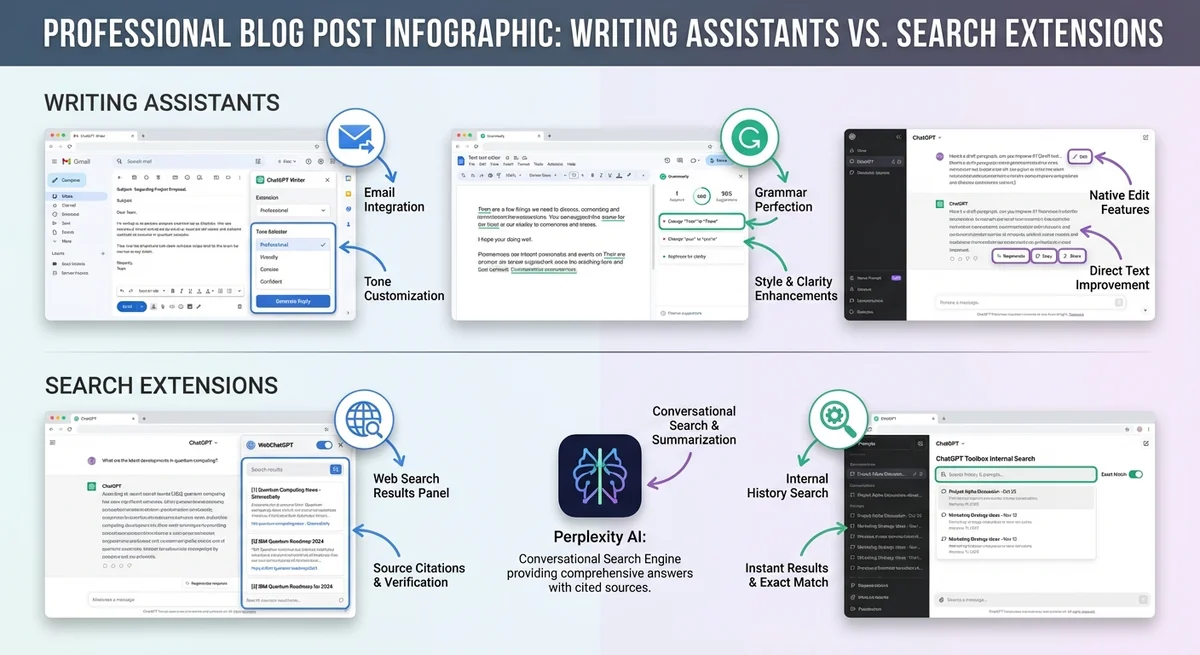 Writing assistant comparison showing ChatGPT Writer, Grammarly, and integrated writing tools with text editing interfaces