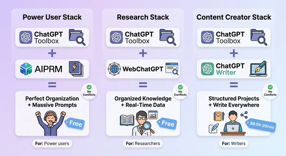 Visual diagram showing three recommended extension stacks: Power User Stack, Research Stack, and Content Creator Stack with compatible extension combinations