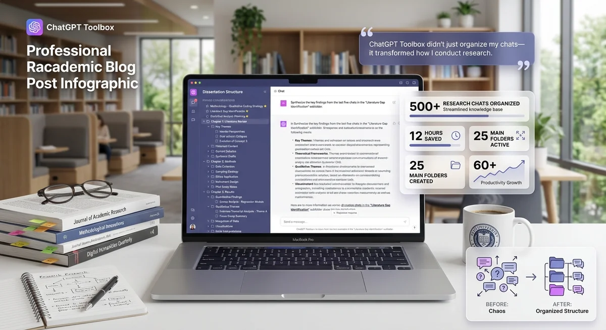 Academic researcher at desk with laptop showing ChatGPT Toolbox interface with dissertation folder structure, organized research conversations, and productivity dashboard showing time saved