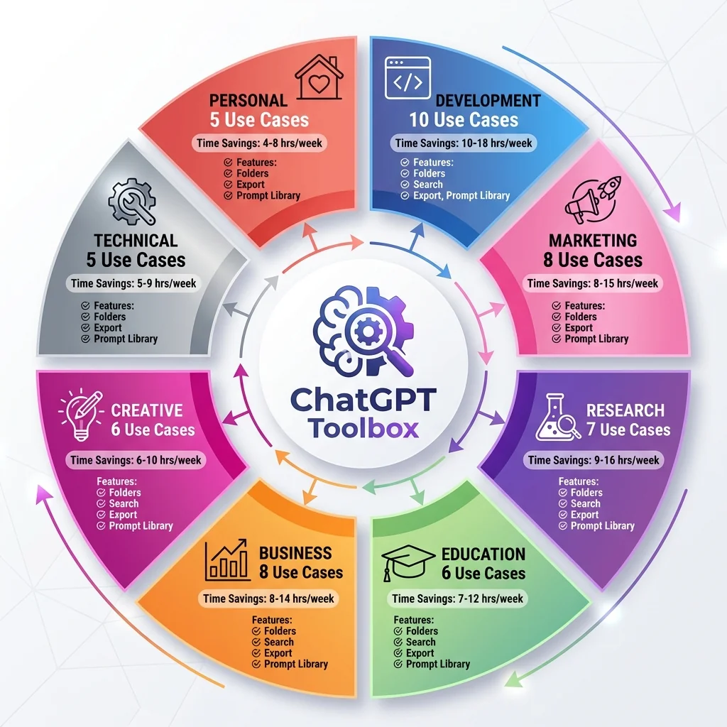 Visual breakdown of ChatGPT Toolbox use cases by category showing development, marketing, research, and business workflows