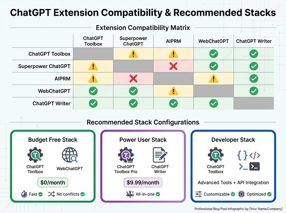 Compatibility matrix showing ChatGPT extensions that work well together, with checkmarks and warning icons indicating safe and problematic combinations