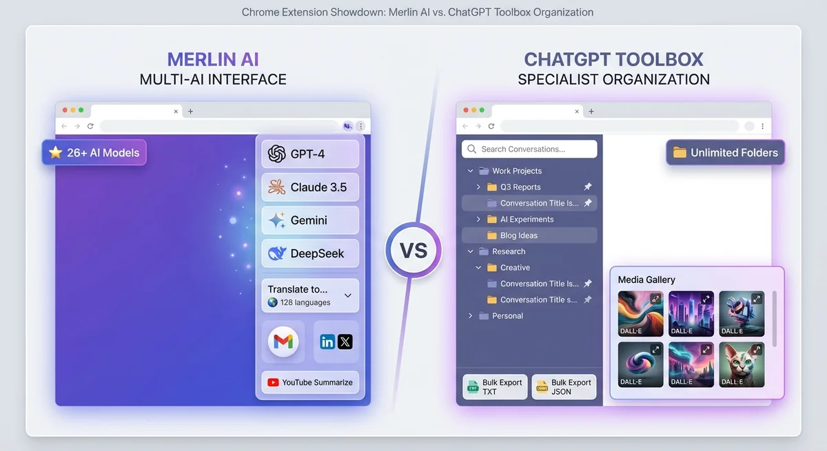 Split-screen comparison showing Merlin AI multi-AI interface with GPT-4, Claude, Gemini icons and translation features on left versus ChatGPT Toolbox specialist organization interface with folders, search, and export features on right