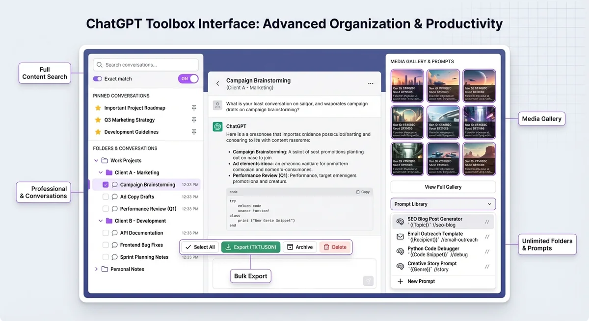 ChatGPT Toolbox interface showing advanced search with exact match toggle, unlimited folder organization with subfolders, bulk export options, pinned conversations, and media gallery for DALL-E images