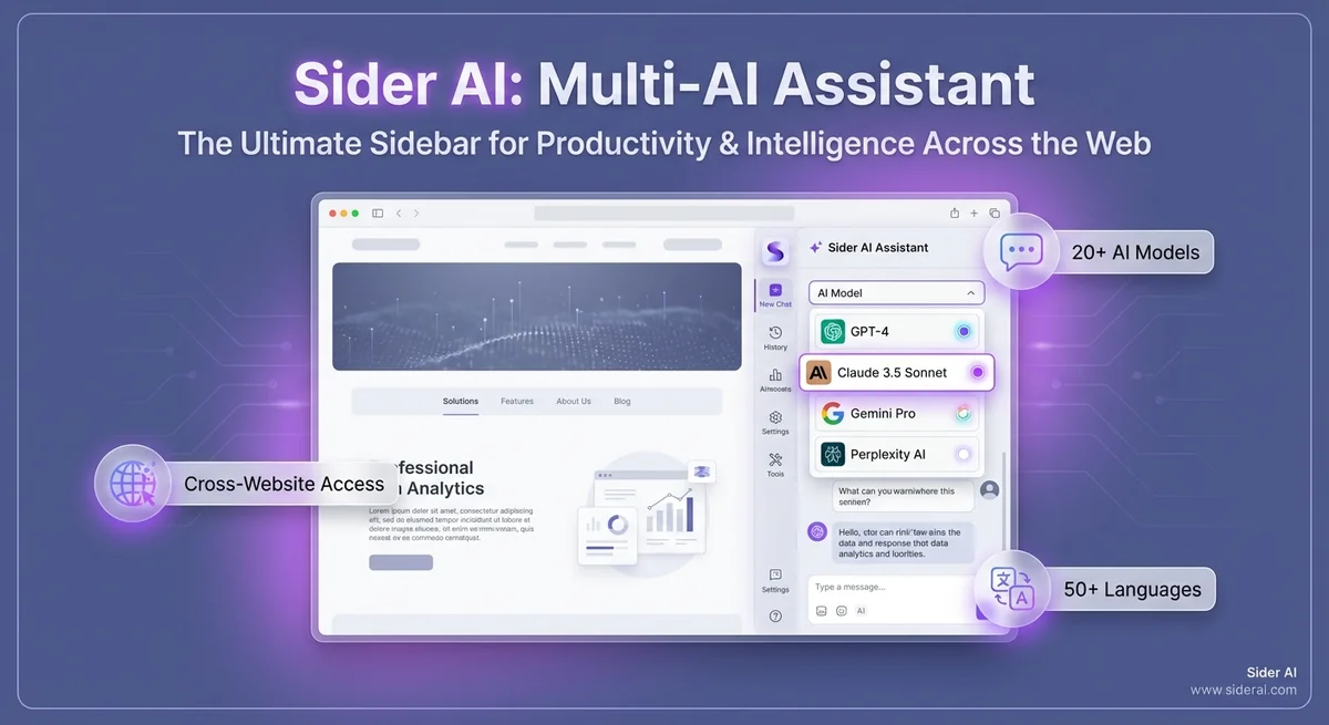 Modern interface showing Sider AI sidebar with GPT-4, Claude, and Gemini AI model icons on a clean purple-blue gradient background