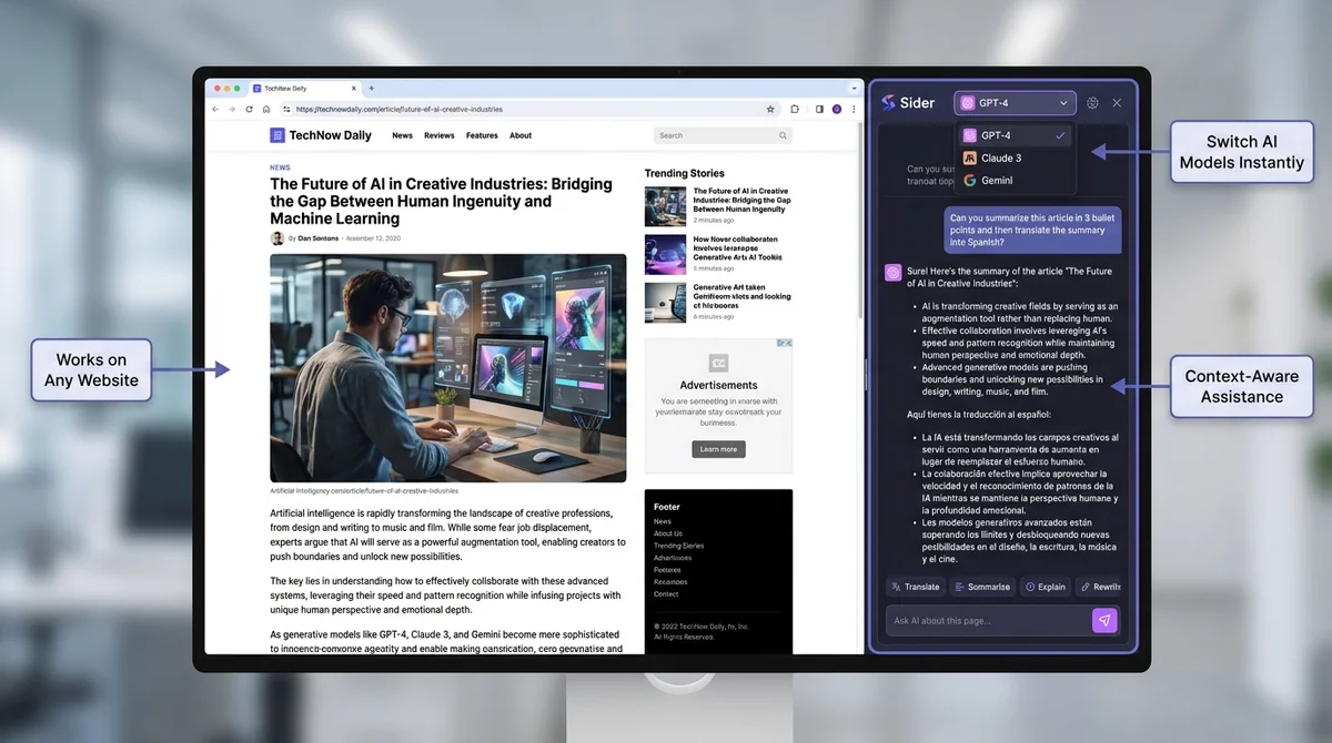 Screenshot of Sider AI sidebar interface showing AI model selection dropdown with ChatGPT, Claude, and Gemini options alongside a website in the background