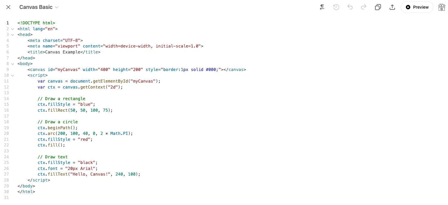 Screenshot of the ChatGPT canvas displaying a basic HTML example. At the top of the canvas, there is a toolbar with buttons for closing the canvas, copying its content, sharing it, and previewing the HTML.