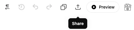 Screenshot of the ChatGPT canvas toolbar, showing buttons for closing the canvas, copying its content, sharing it, and previewing it. A tooltip with the text 'Share' is visible under the share icon.