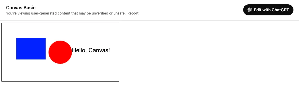 Screenshot of the shared ChatGPT canvas preview as seen by a shared user. The canvas displays a preview of its content, which includes a basic HTML example. The toolbar at the top contains a close button and an 'Edit with ChatGPT' button.