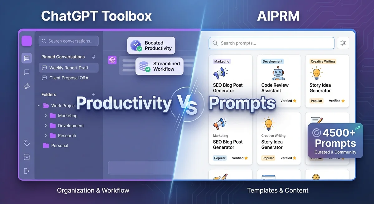Side-by-side comparison of ChatGPT Toolbox folder organization interface versus AIPRM prompt library, showcasing productivity vs prompts approach