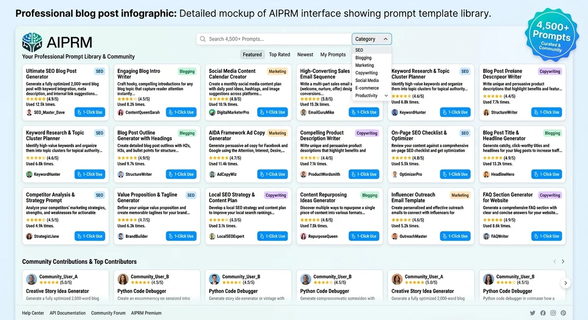 AIPRM prompt library interface showing thousands of 1-click prompt templates organized by category for content creation
