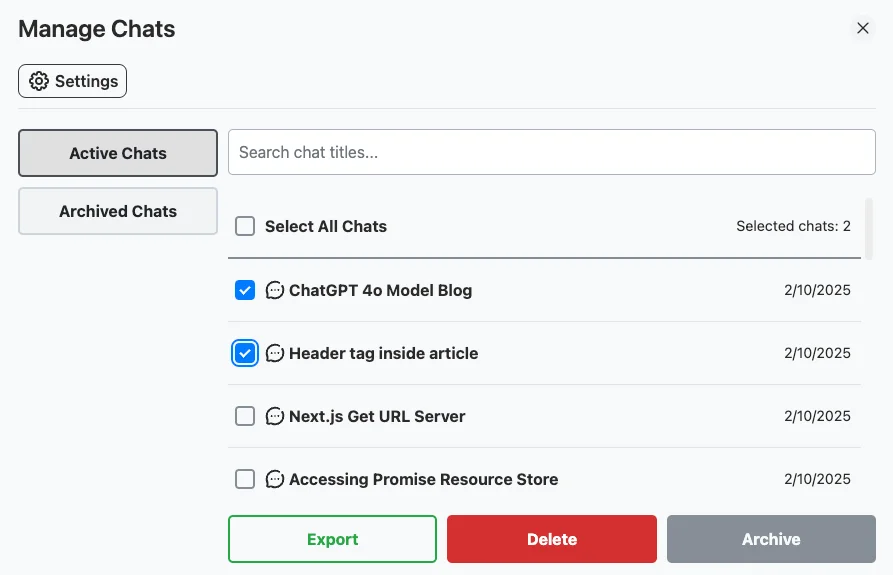 Screenshot of ChatGPT Toolbox Manage Chats popup window: the left side displays two buttons labeled 'Active Chats' (selected) and 'Archived Chats'; the right side shows a search input at the top, a list of chats with checkboxes for selection, and at the bottom, buttons for 'Export', 'Delete', and 'Archive'.