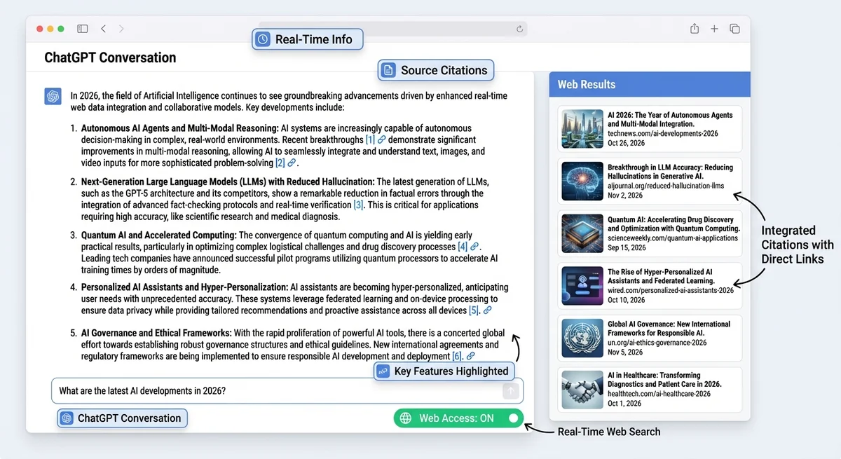 WebChatGPT interface showing web search results integrated into ChatGPT conversation with source citations