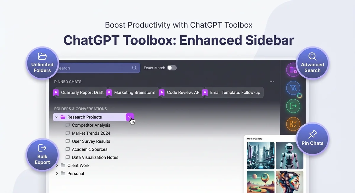 ChatGPT Toolbox interface showing organized folders, search functionality, and productivity features