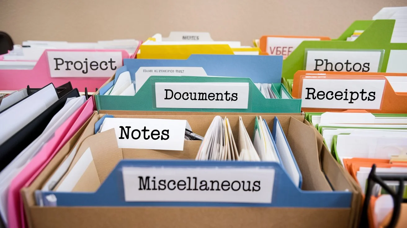 A photo of a table with multiple folders. There are a variety of folder sizes, including small, medium, and large. The folders have different colors, including pink, blue, green, yellow, and orange. The folders are labeled with various text, such as "Project", "Documents", "Photos", "Videos", "Notes", "Receipts", and "Miscellaneous". The background is a beige wall.