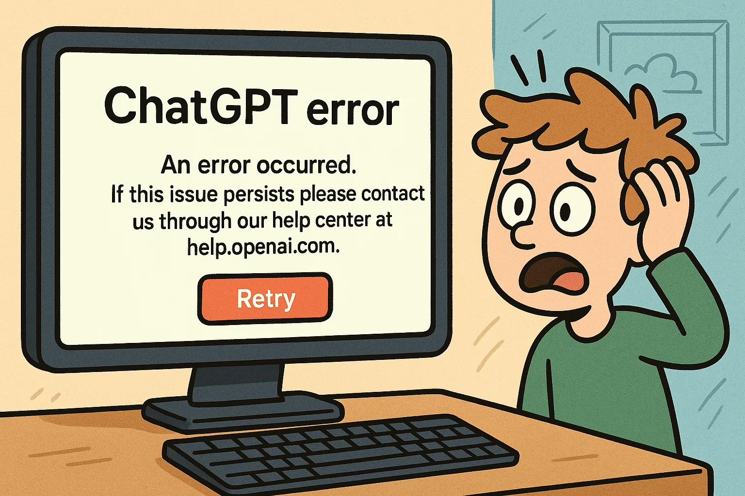 An illustration depicting a ChatGPT error message. It features a cartoon-style character with brown hair, wearing a green shirt, sitting at a desk with a worried expression, one hand on their head and their mouth open in shock. The character is looking at a computer monitor displaying the error message. The monitor screen shows the text "ChatGPT error" in large black letters at the top, followed by smaller black text that reads, "An error occurred. If this issue persists please contact us through our help center at help.openai.com." Below this message, there is an orange "Retry" button with the word "Retry" in white. The background includes a wooden desk with a keyboard in front of the monitor, and a light blue wall with a simple cloud drawing and a rectangular frame, adding a minimalistic setting to the scene.