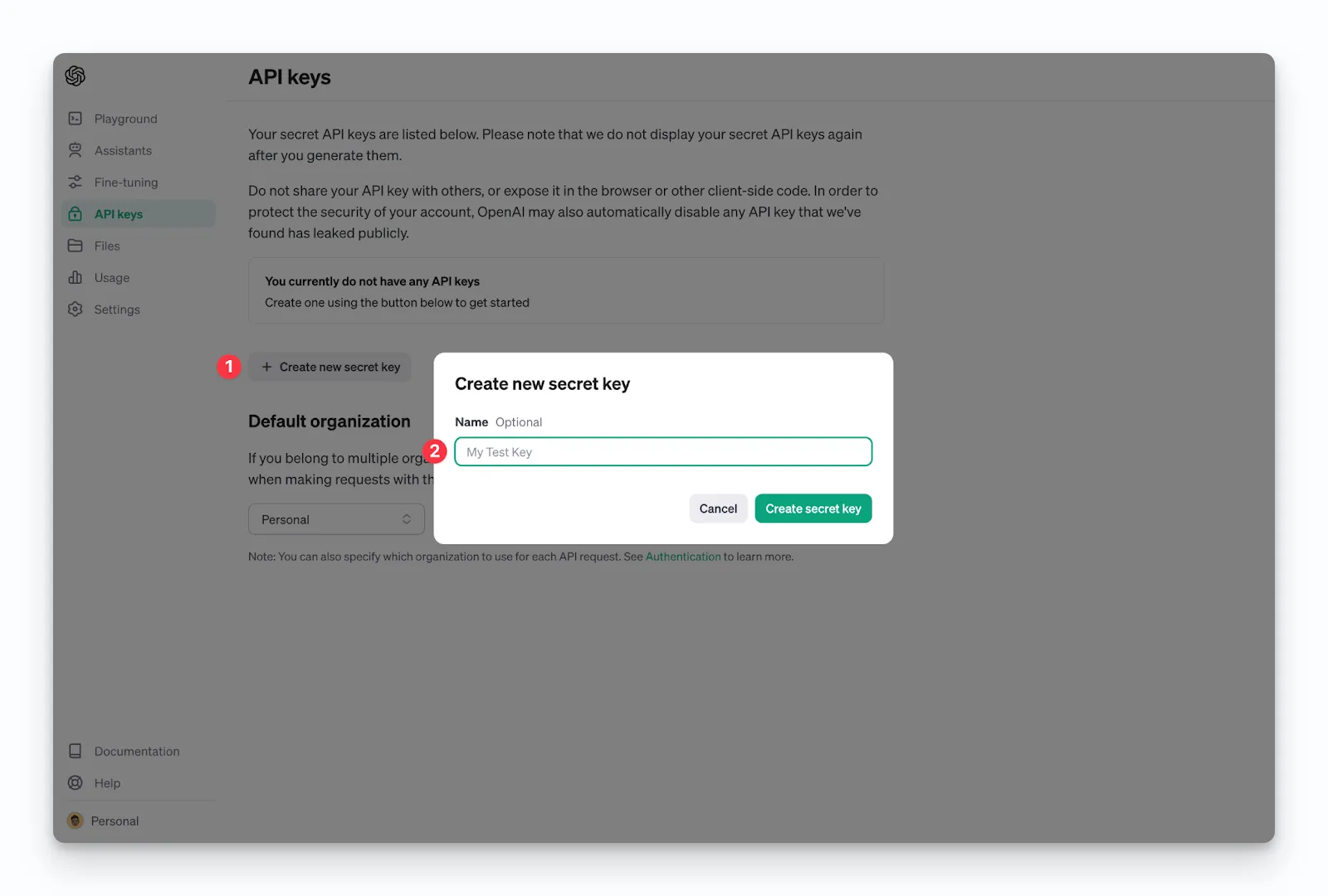 A screenshot from the OpenAI platform showing the “API Keys” management section. The interface is clean and minimalistic with a focus on generating a new secret API key. A modal window is open titled “Create new secret key” with a field labeled "Name" where the user has entered “My Test Key.” There are two buttons below: "Cancel" and "Create secret key." On the main screen, it states that no API keys currently exist and prompts the user to create one using the provided button. Navigation links for Playground, Assistants, Fine-tuning, API keys, Files, Usage, and Settings are visible on the left.