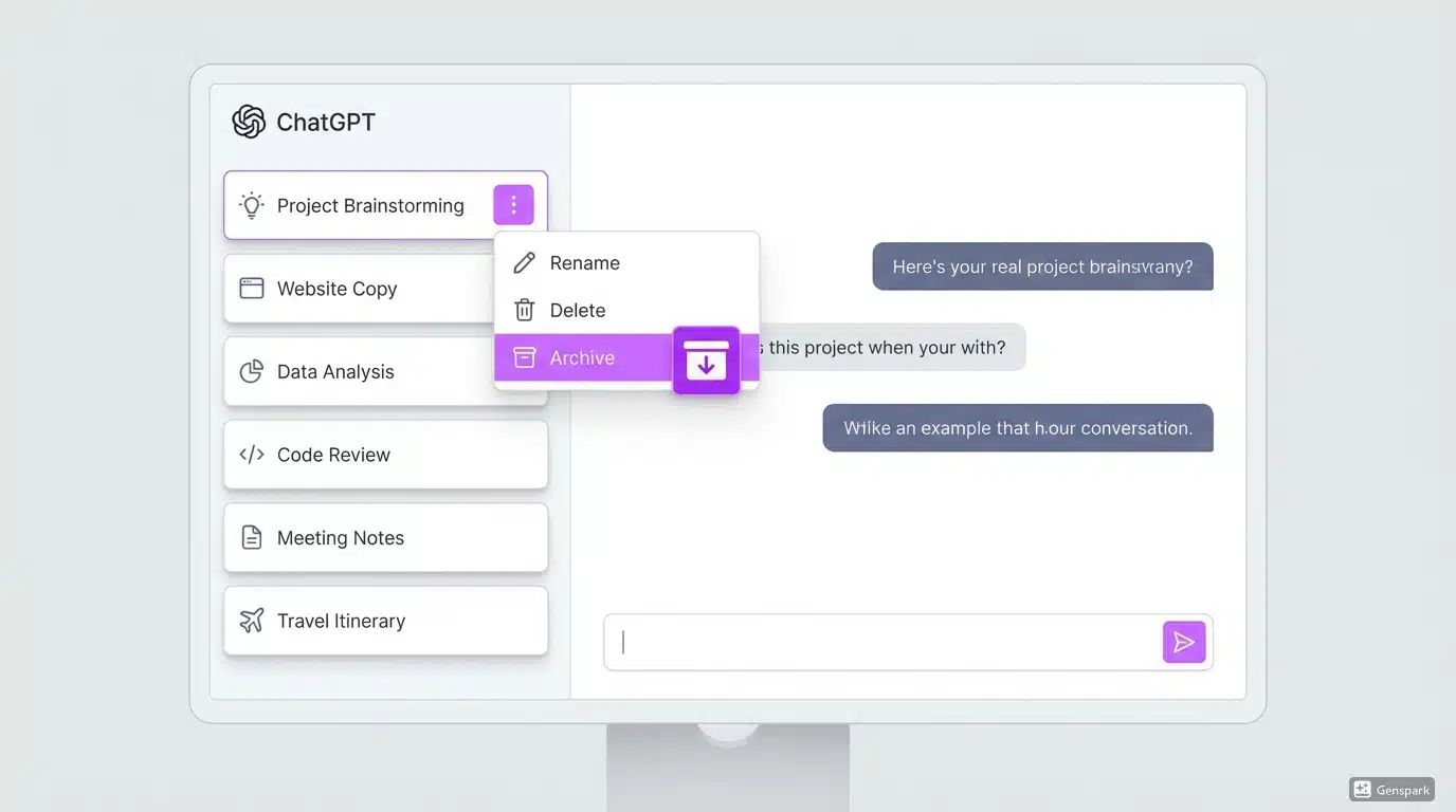 Modern ChatGPT interface showing the archive feature with a highlighted archive button on a conversation card. Clean sidebar showing organized active chats with archive icon visible on hover.