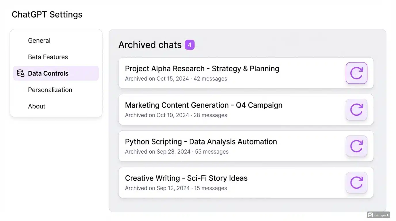 ChatGPT Settings screen showing the Data Controls section with Archived chats management panel. List of archived conversations with unarchive buttons clearly visible next to each chat title.