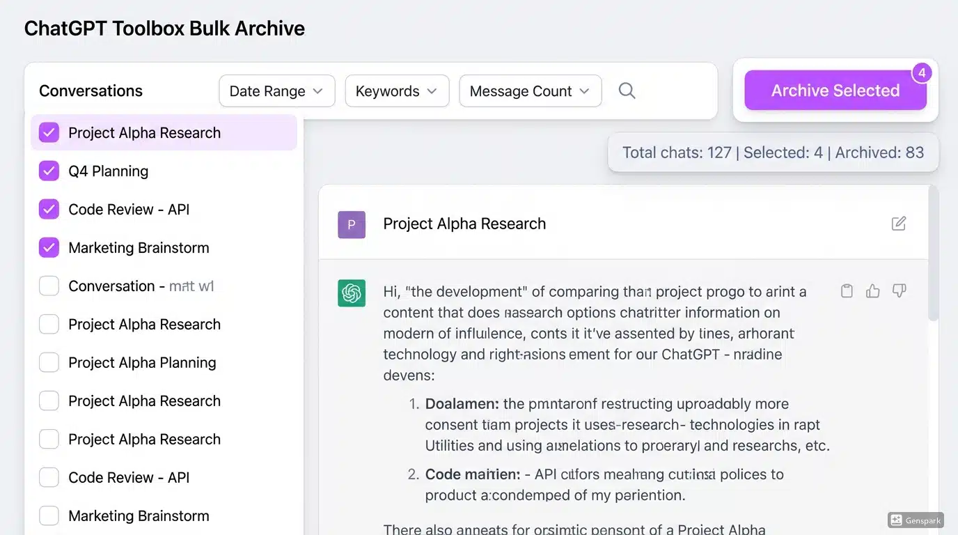 ChatGPT Toolbox bulk archive interface showing multiple selected conversations with checkboxes, filter options by date and keywords, and a prominent 'Archive Selected' button. Clean organization dashboard with statistics.
