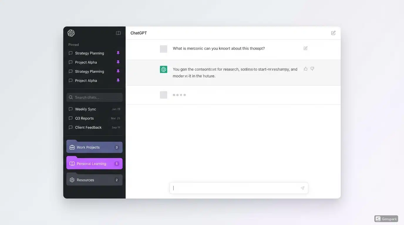 Clean, organized ChatGPT interface showing folders, pinned chats, and search features