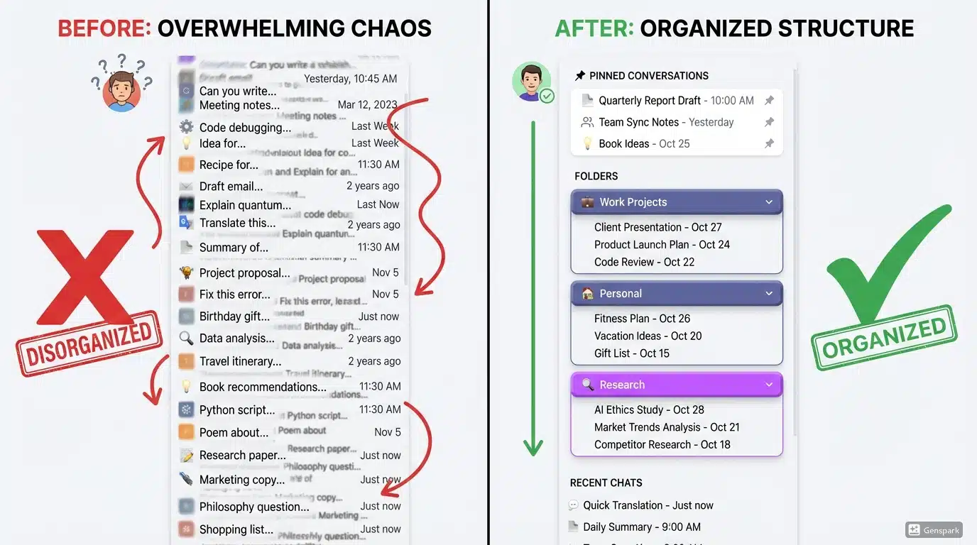 Before and after comparison showing chaotic vs organized ChatGPT sidebar