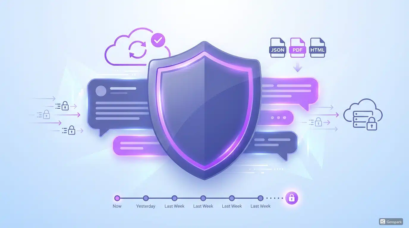 Secure cloud backup system protecting ChatGPT conversations with shield icon, automated sync indicators, and multi-format export options for complete data protection