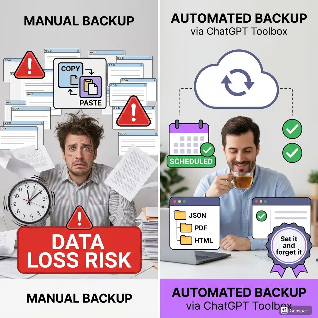 Visual comparison showing manual backup chaos versus automated ChatGPT Toolbox backup with organized files and sync indicators