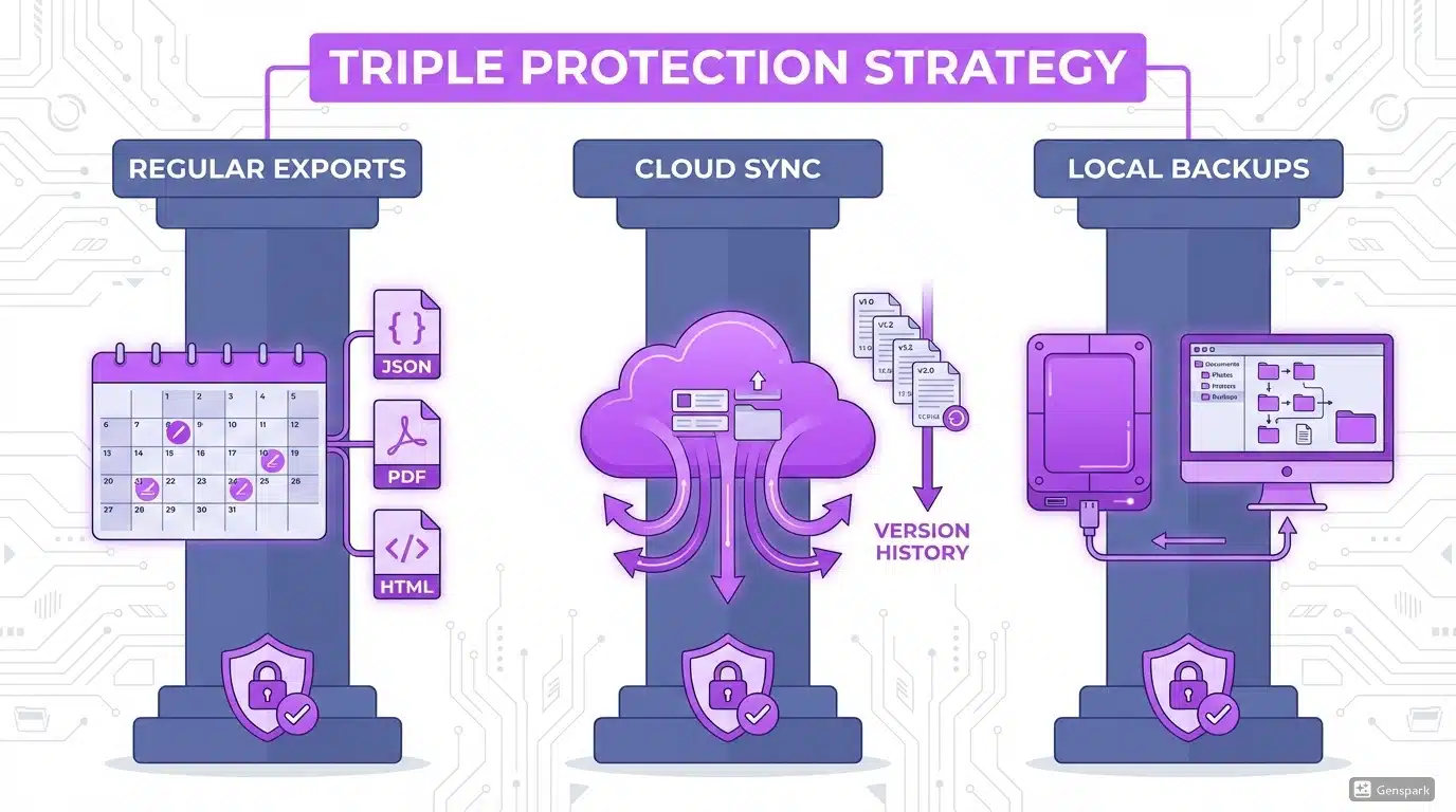 Infographic showing three-pillar backup strategy with regular exports, cloud sync, and local backups for complete ChatGPT data protection