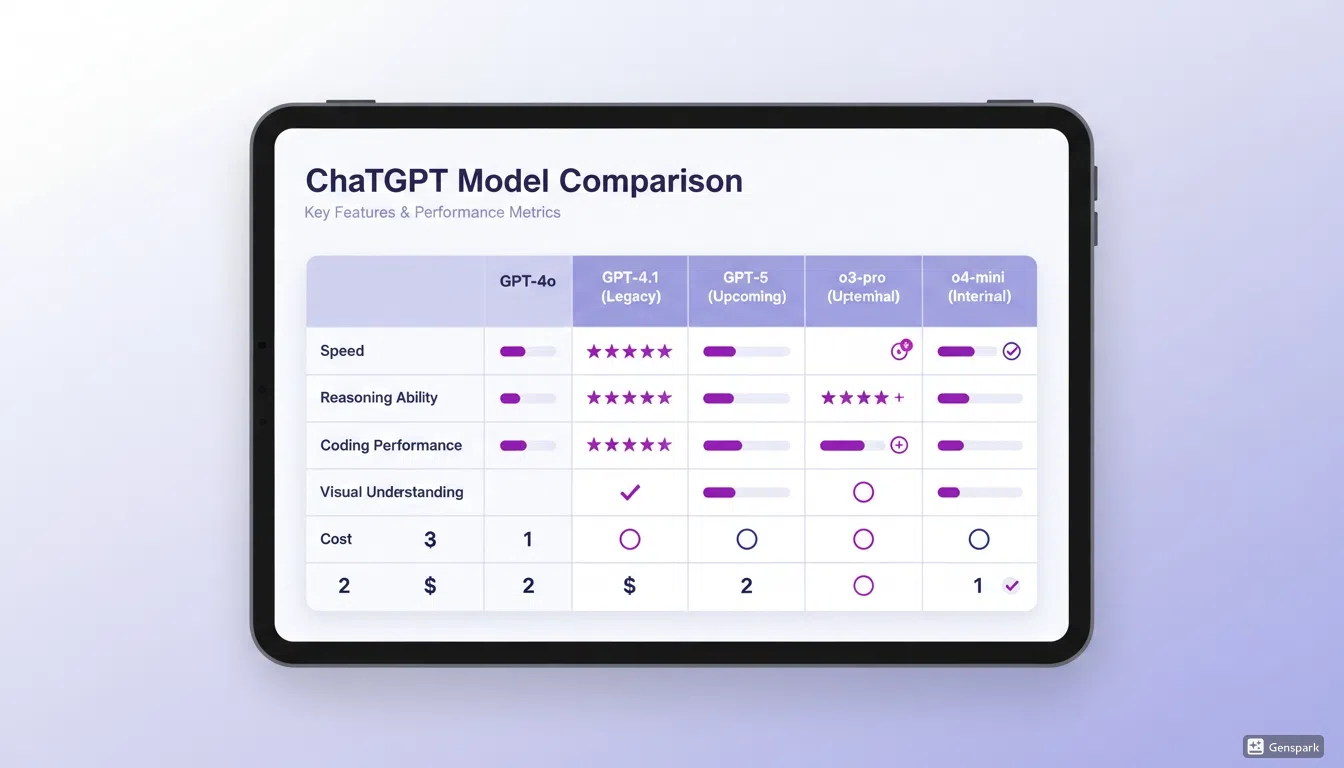 Detailed feature comparison table showing speeds, reasoning abilities, coding performance, visual understanding, and costs across all ChatGPT models