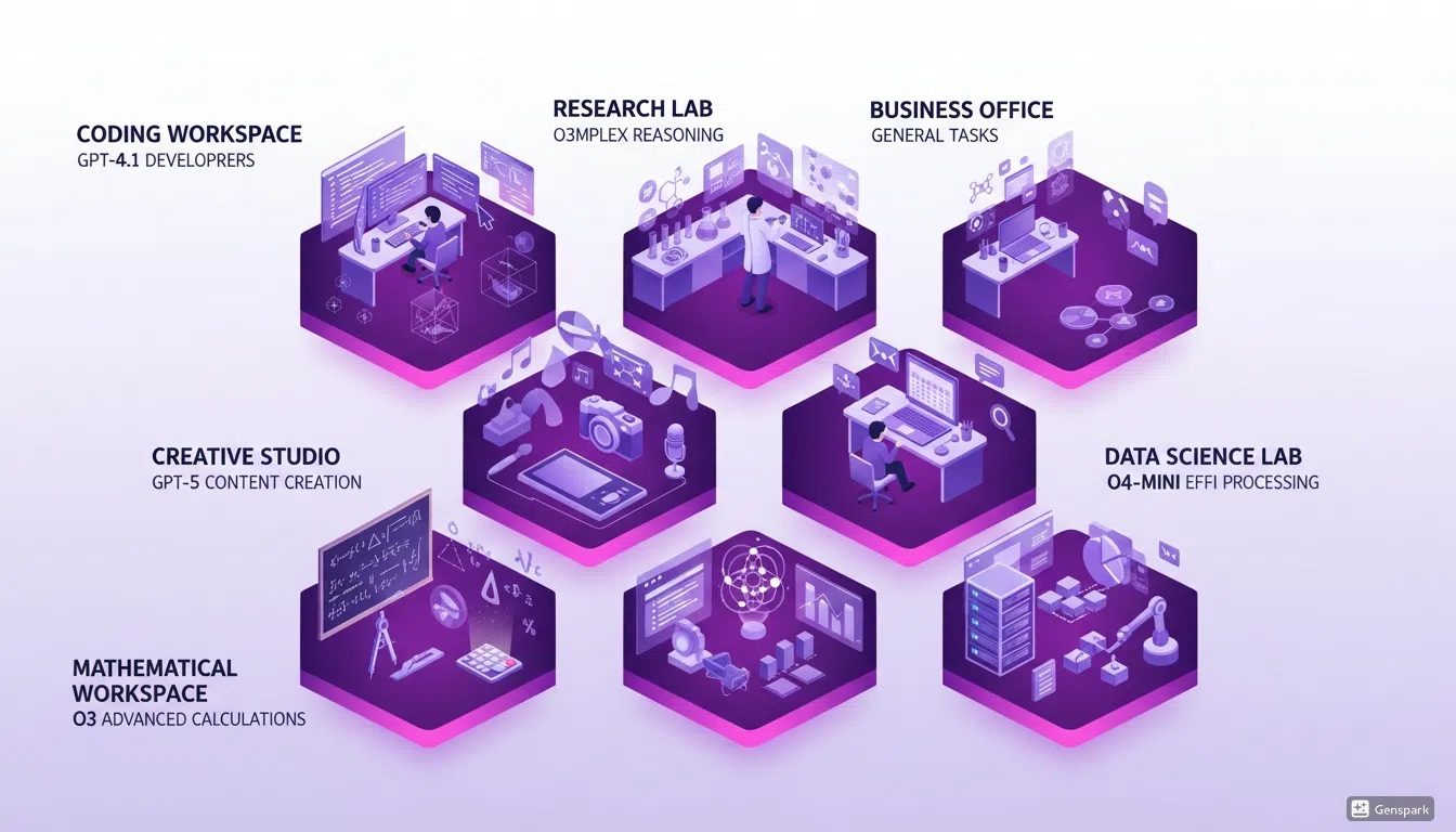 Isometric illustration showing different use cases for ChatGPT models including coding, research, creative studios, business offices, and data science labs