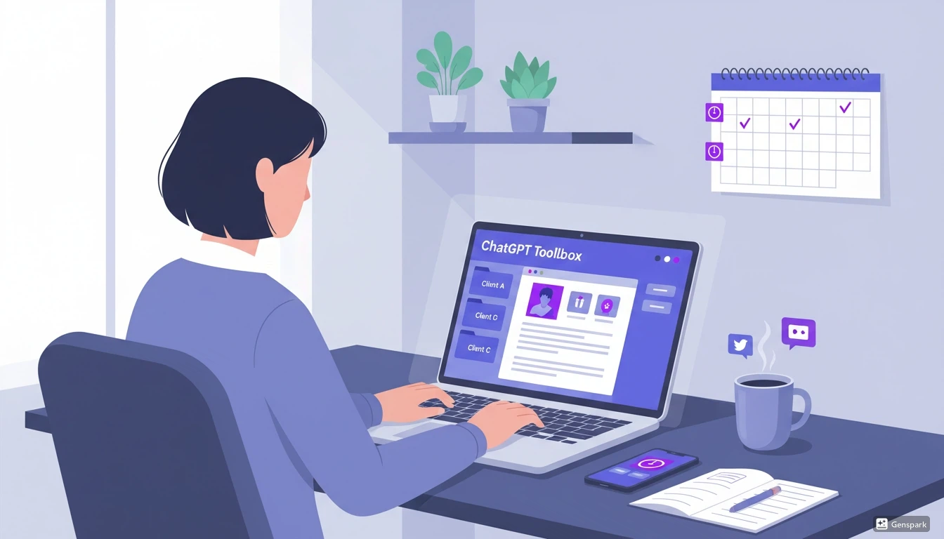 Freelancer using ChatGPT Toolbox to organize client work in a modern home office