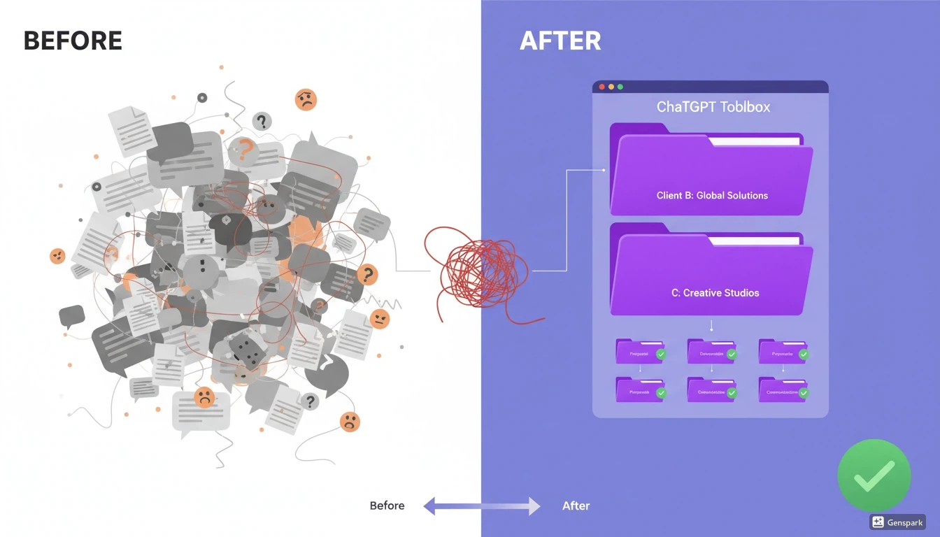 Before and after comparison of freelancer chat organization with ChatGPT Toolbox folders